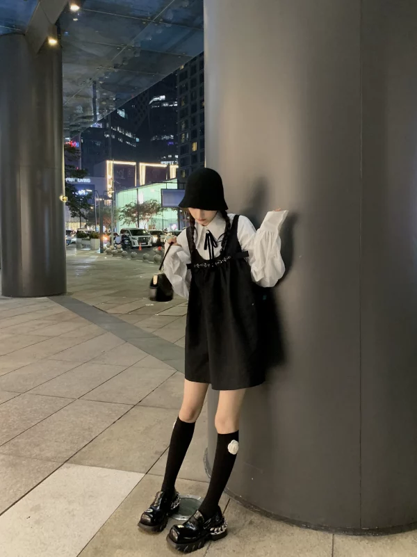 ddgirl 蓬蓬小黑裙/小心机减龄小众设计感背带黑色蓬蓬显瘦连衣裙 - 图片 4