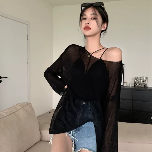 时尚黑色冰丝防晒衣服罩衫外套女夏季薄2023新款设计感小众上衣 - 图片 3