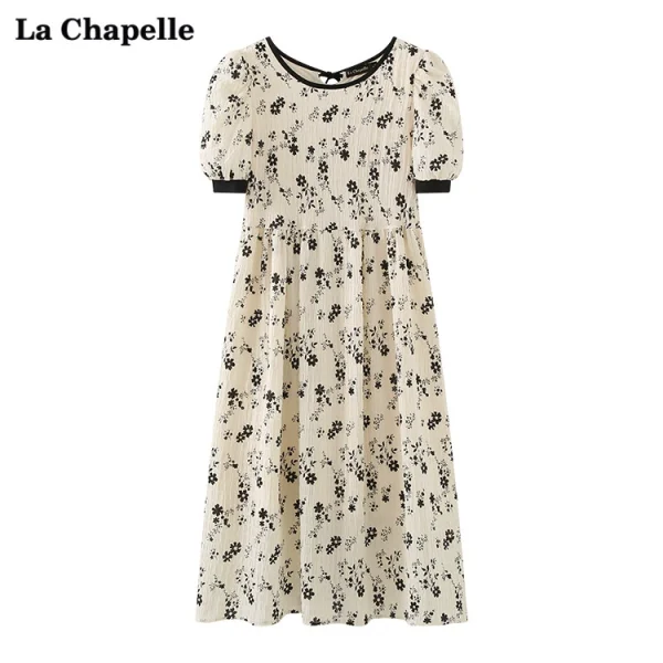 拉夏贝尔/La Chapelle夏季新款法式碎花连衣裙高腰复古短袖中长裙 - 图片 5