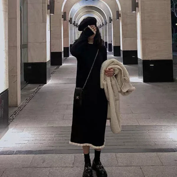赫本风针织连衣裙女秋冬季内搭法式过膝中长款配大衣打底毛衣裙子 - 图片 3