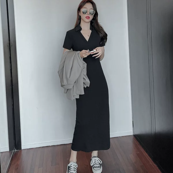 欧美风长款气质Polo领连衣裙女2023夏修身长裙收腰显瘦休闲T恤裙