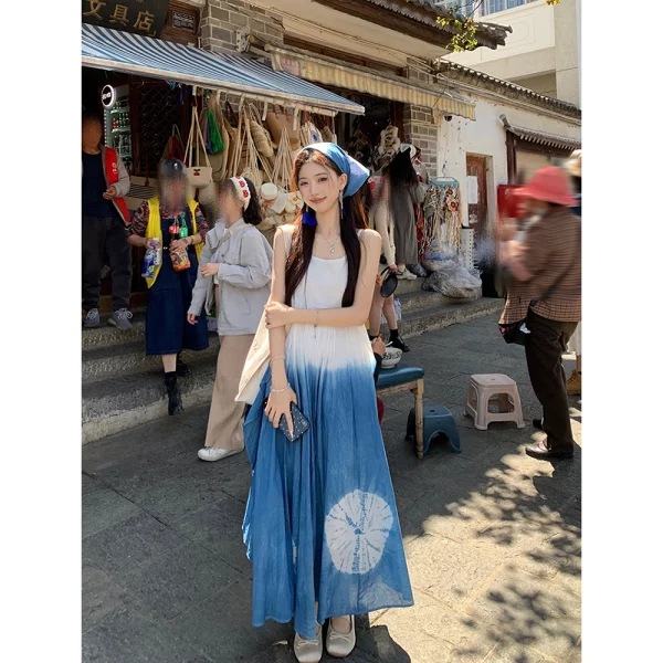 可可里小姐海边度假风扎染吊带连衣裙女夏季气质收腰A字大摆长裙 - 图片 2