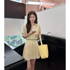 柒柒家  黄白条纹POLO领收腰衬衣裙2023夏季新款复古休闲衬衫裙女