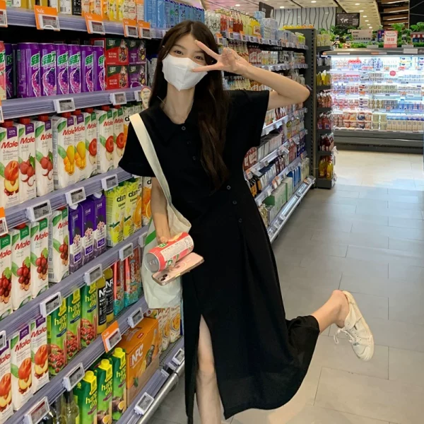 polo领开叉连衣裙女夏季2023新款收腰显瘦中长款冷淡风短袖A字裙 - 图片 2