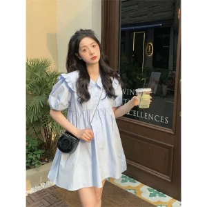 娃娃领初恋连衣裙女夏季2023新款甜美高腰腰显瘦泡泡短袖A字裙子