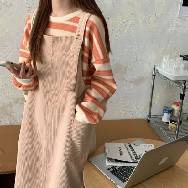 灯芯绒背带裙套装女秋季2023新款韩版少女减龄可爱小个子连衣裙子 - 图片 5
