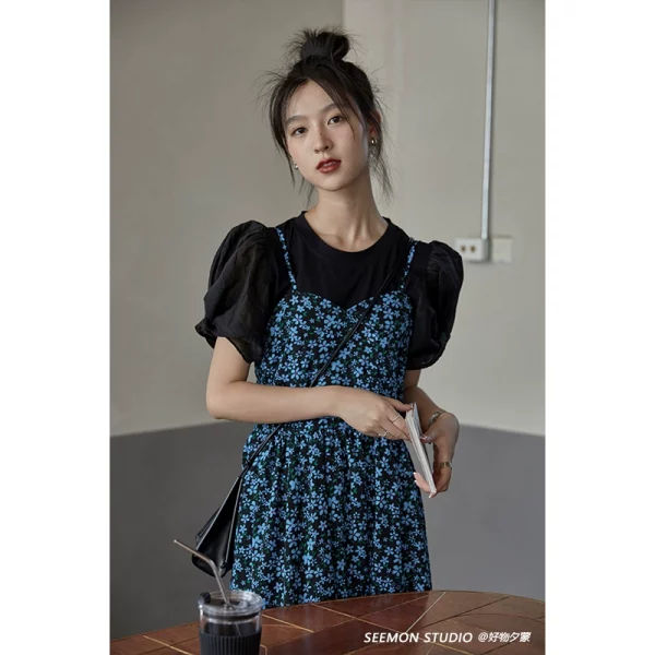 夕蒙2022新款法式雪纺吊带碎花连衣裙女春夏薄款小个子两件套裙子 - 图片 2