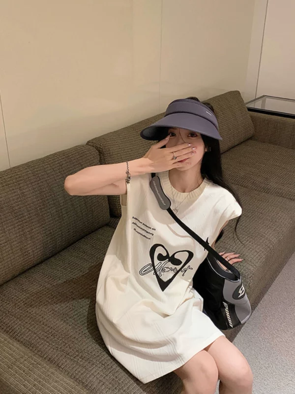 复古针织背心连衣裙女装夏季2023新款字母印花小个子宽松休闲裙子 - 图片 6