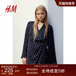 HM女装连衣裙秋季2023新款法式缎质围裹式V领垂坠感短裙1182186