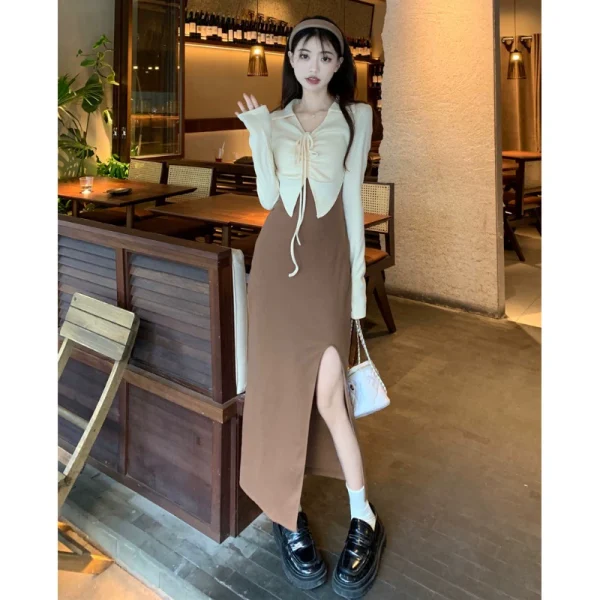 法式气质假两件长袖连衣裙女春季性感纯欲修身收腰包臀开叉长裙子 - 图片 5