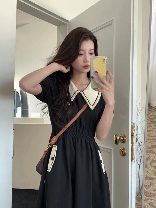 三木子自制 中长款黑色法式连衣裙女装夏季小个子泡泡袖小众裙子