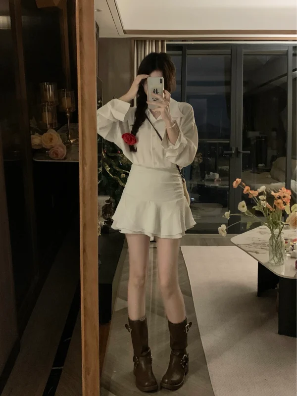 大码赫本风假两件连衣裙女秋季收腰显瘦衬衫裙胖mm辣妹包臀短裙子 - 图片 2