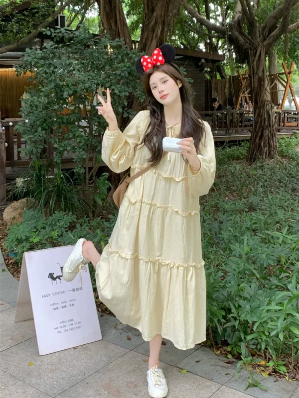 春季2023年新款宽松小个子裙子女装甜美长款蛋糕裙气质茶歇连衣裙